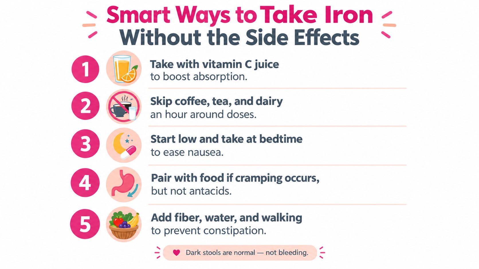An infographic titled Smart Ways to Take Iron Without Side Effects featuring five numbered helpful health tips.