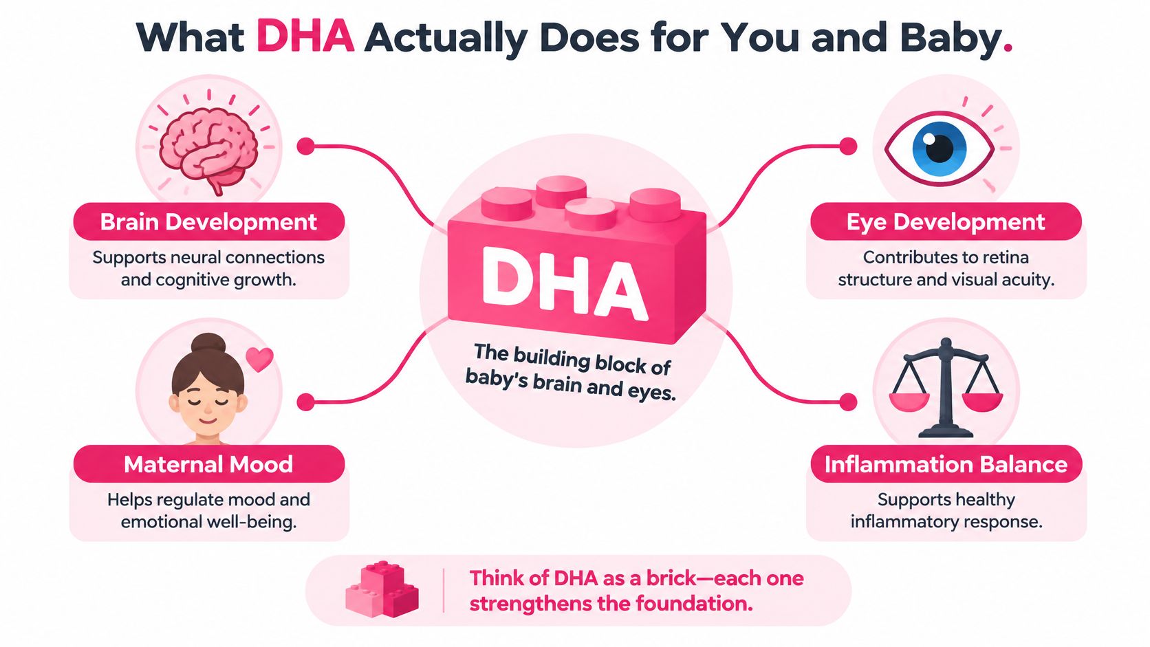 An infographic showing that DHA is a building block for baby brain, eye development, maternal mood, and inflammation.