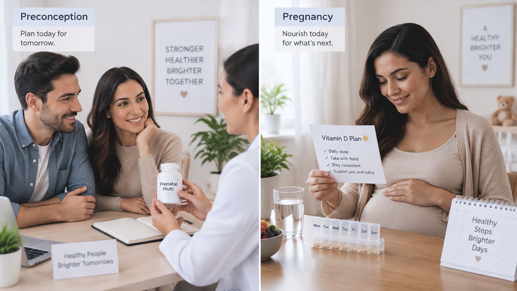 A couple consults a doctor about vitamins, then a pregnant woman tracks her daily prenatal supplement routine.
