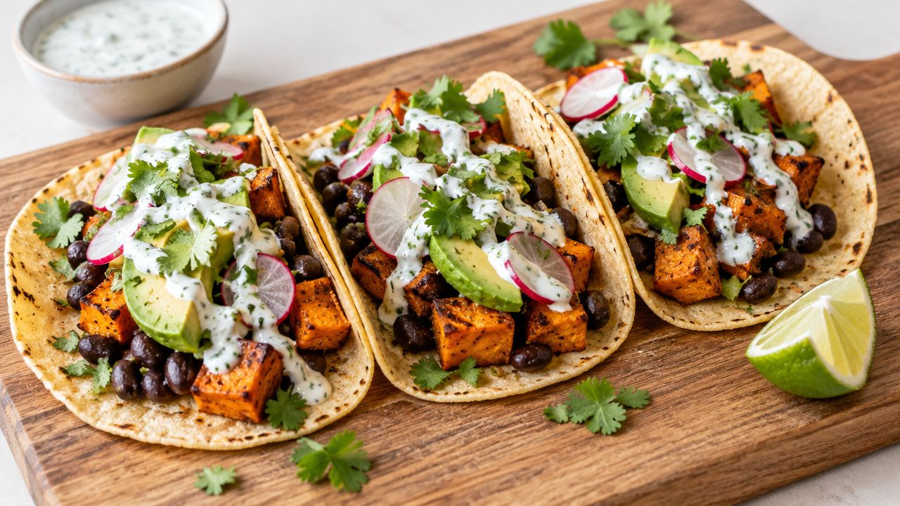 Three gourmet tacos filled with black beans, roasted sweet potatoes, avocado, radishes, and cilantro on a board.