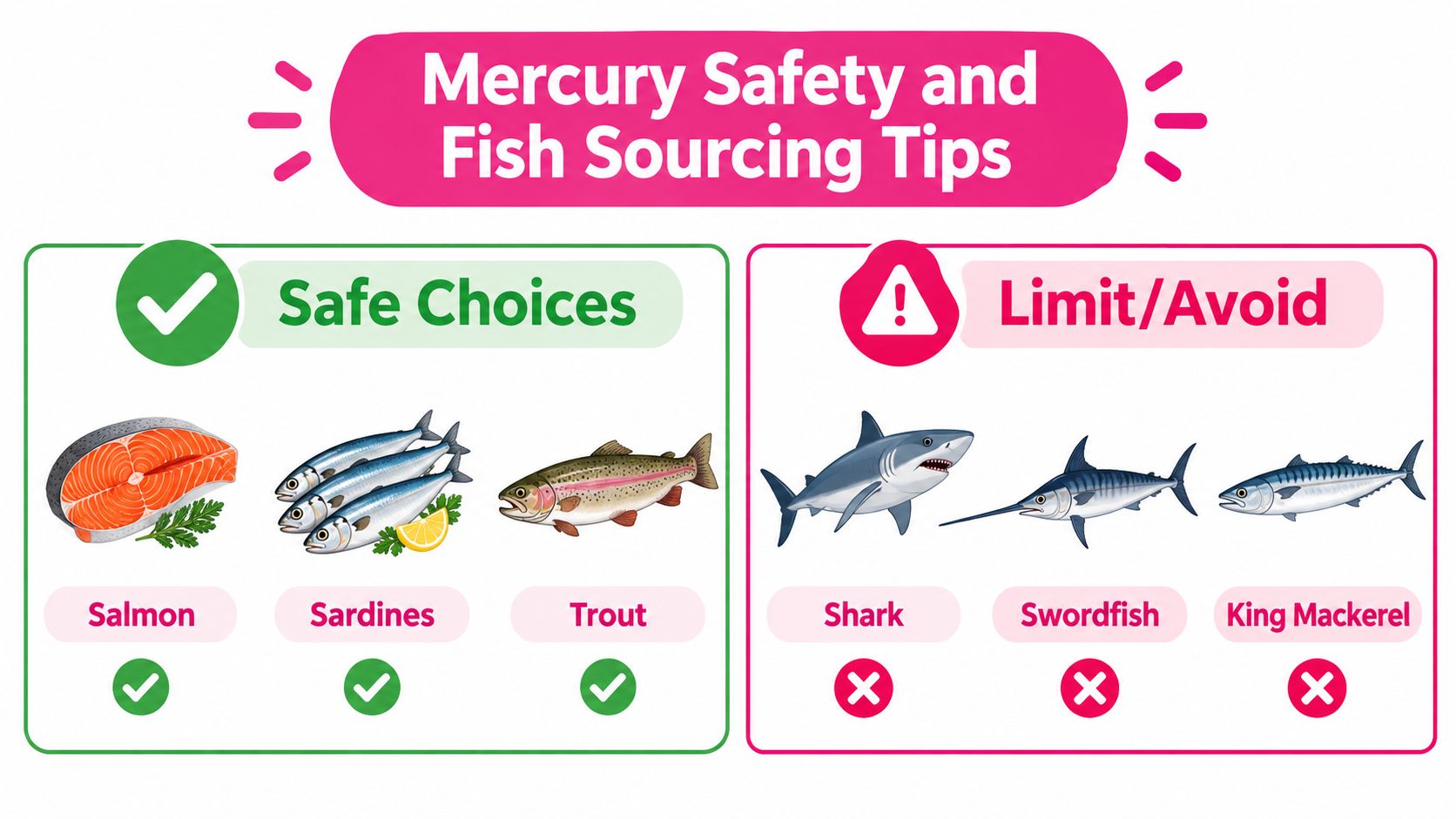 An infographic categorizing fish as safe choices or fish to limit or avoid due to mercury content.