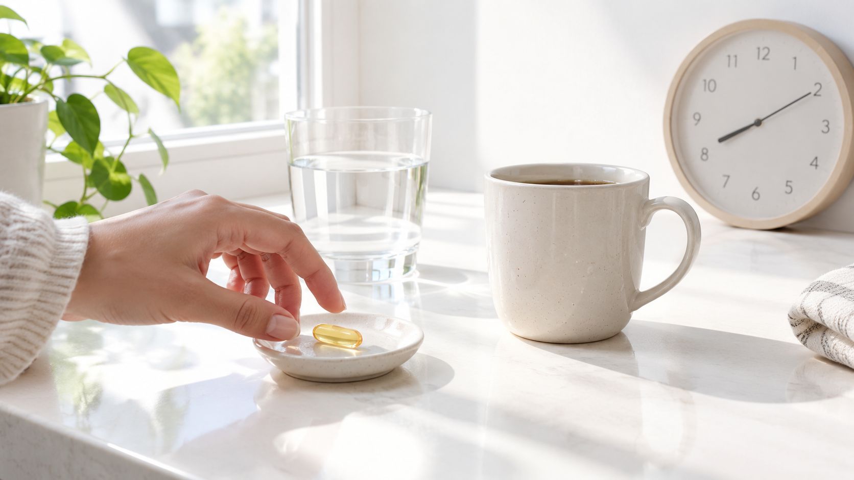 A person reaches for a single yellow omega-3 capsule resting on a small plate next to water and coffee.