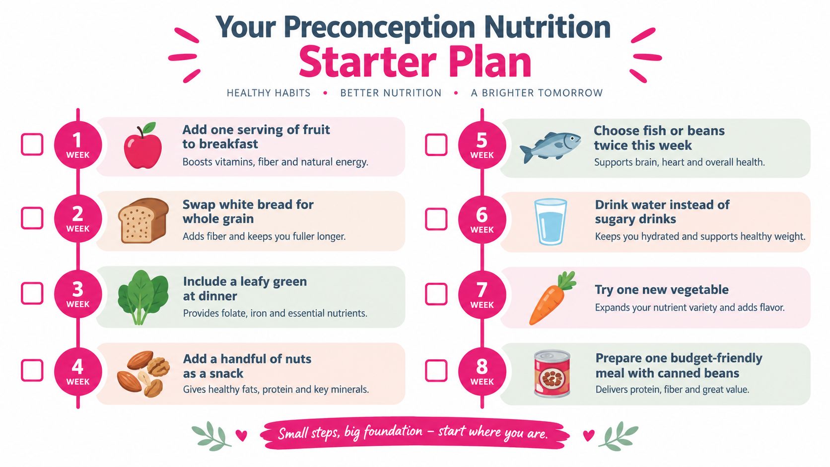An infographic titled Your Preconception Nutrition Starter Plan outlining eight weekly healthy dietary habits for future parents.