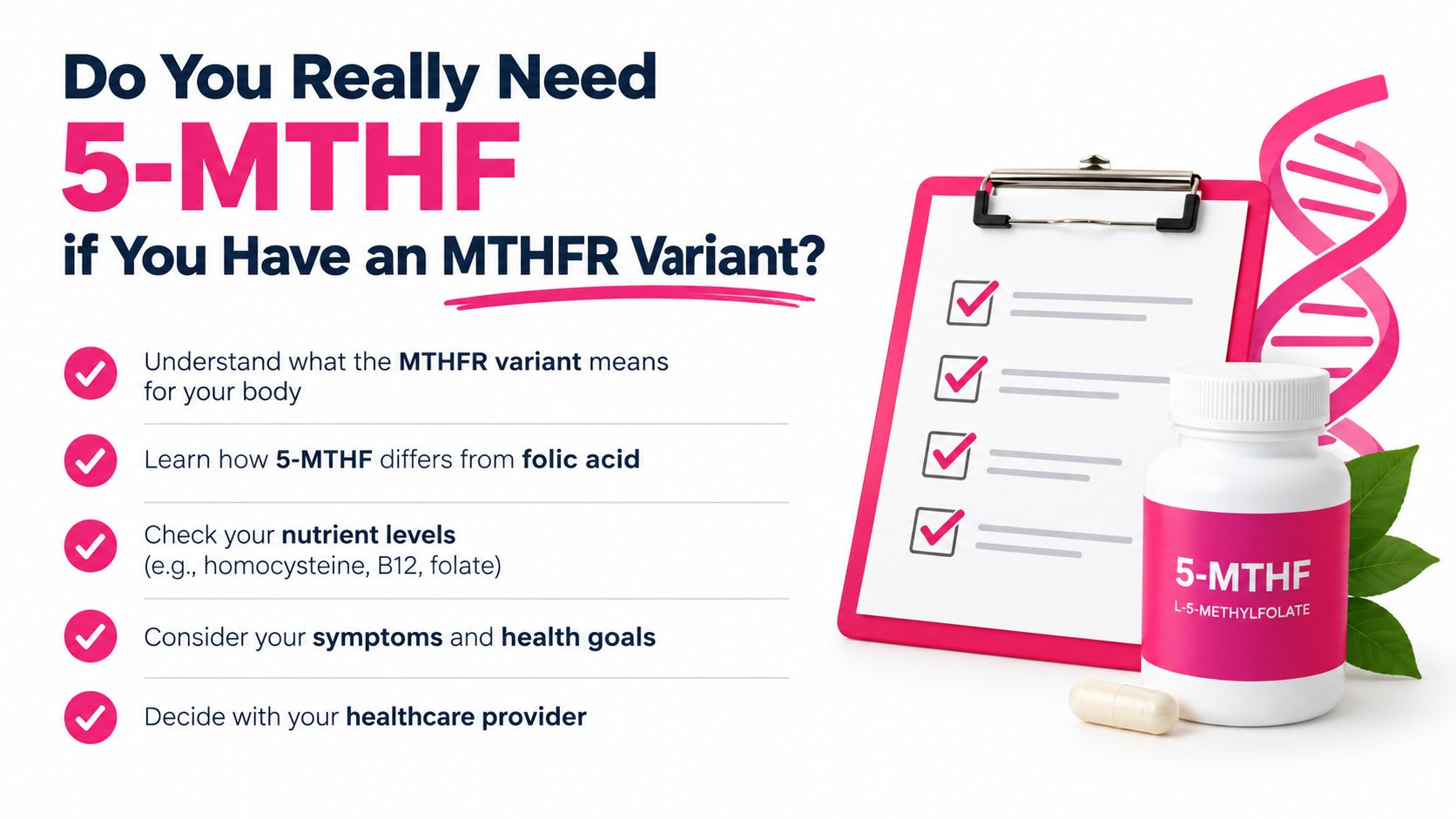 An educational graphic about taking 5-MTHF supplements, featuring a checklist and a bottle of MTHF.