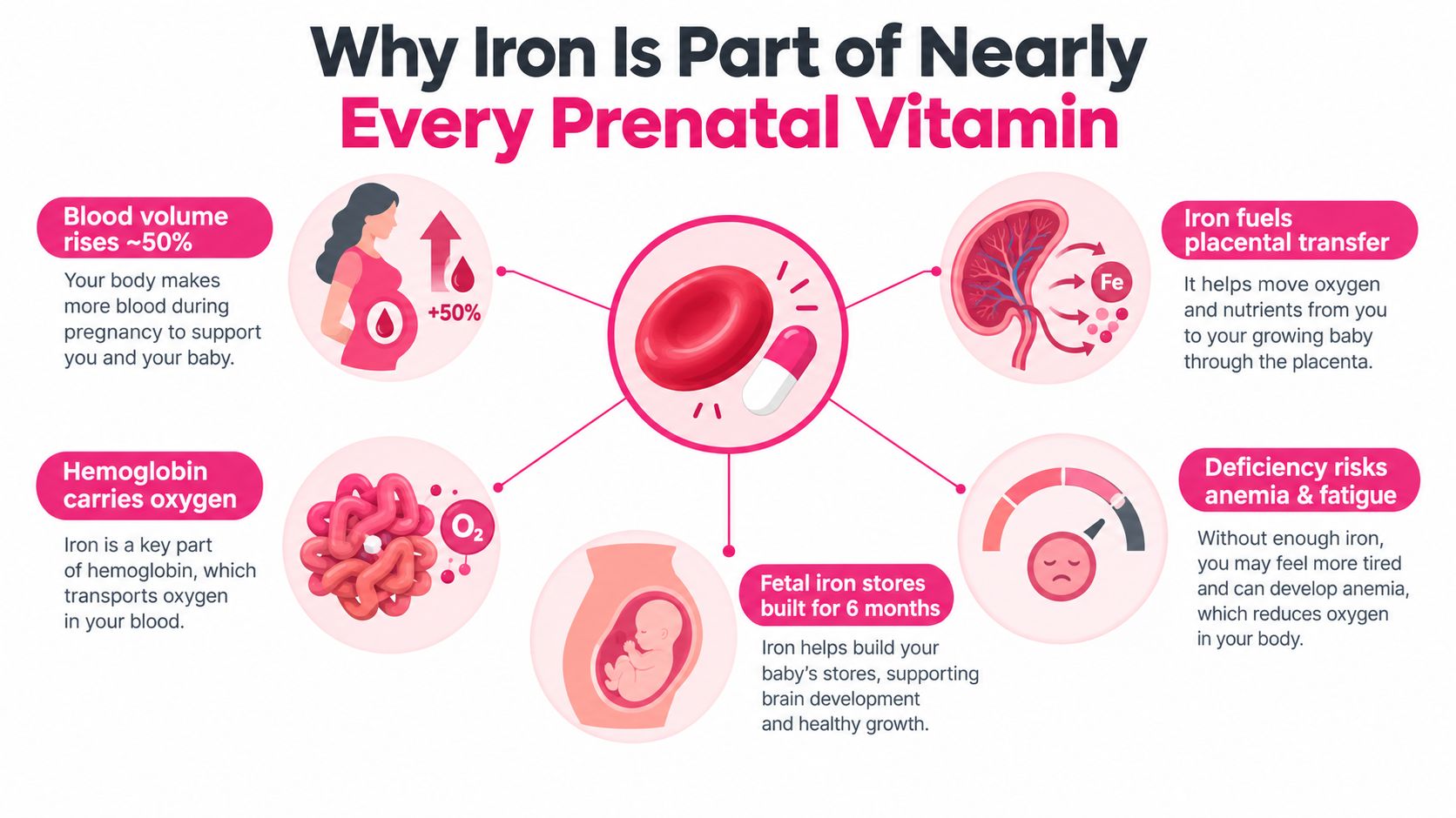 An infographic explaining the benefits of iron in prenatal vitamins for pregnant women and fetal development.