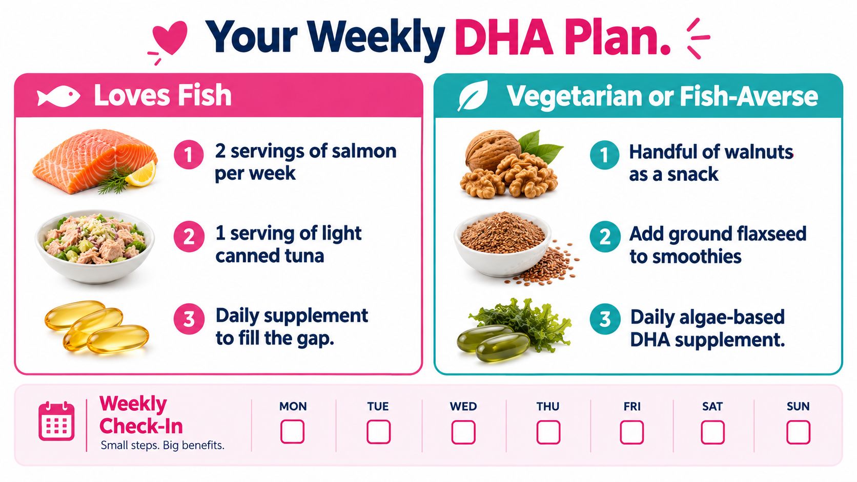 A dietary guide comparing DHA sources for fish-lovers versus vegetarians and fish-averse individuals during pregnancy.