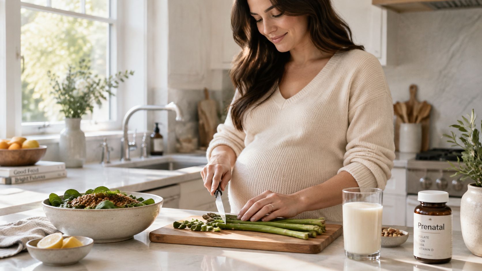 A pregnant woman in a cozy kitchen preparing a healthy meal with fresh asparagus and salad.