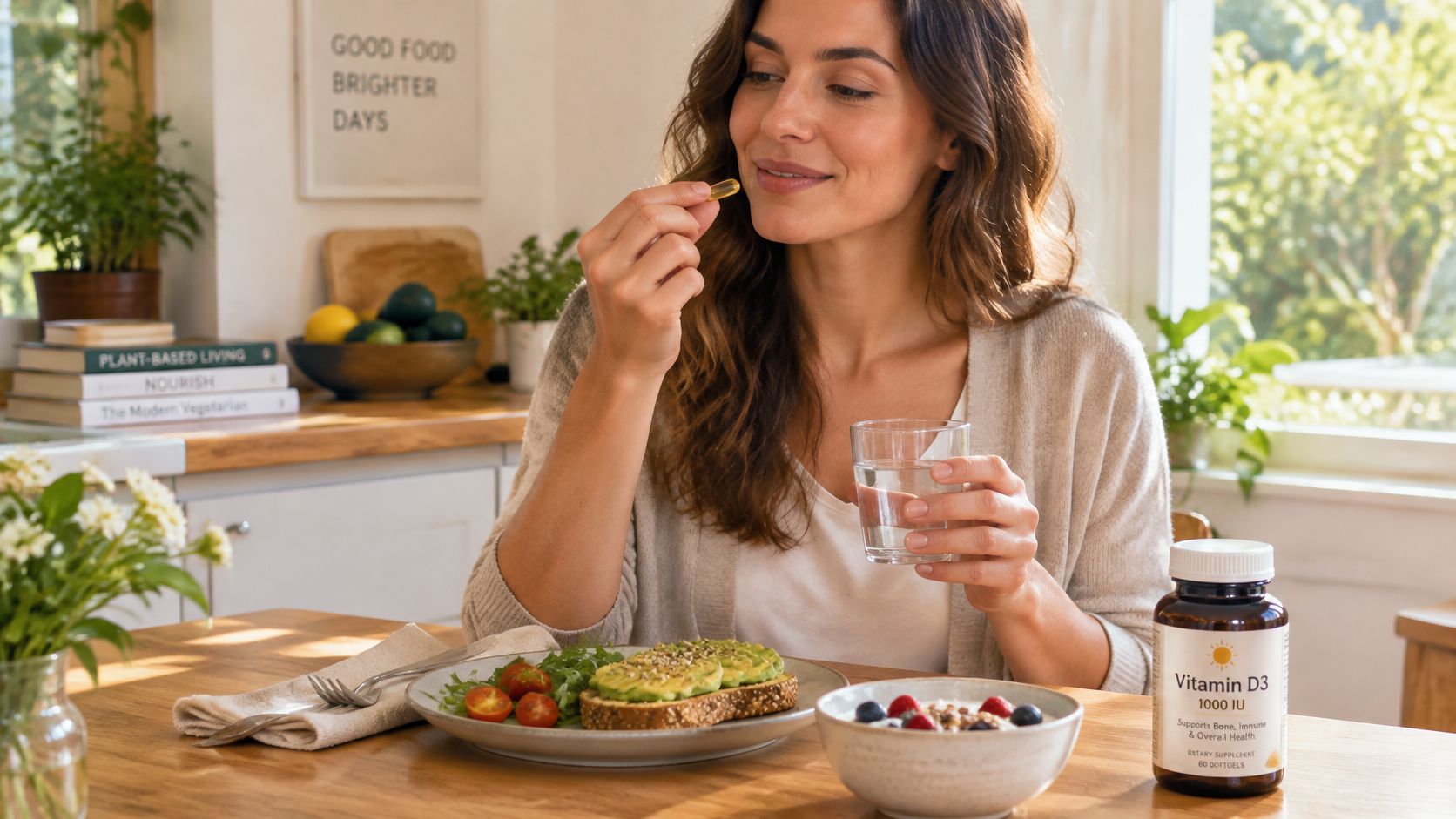 A smiling woman prepares to take a Vitamin D3 supplement while enjoying a healthy vegetarian breakfast meal.