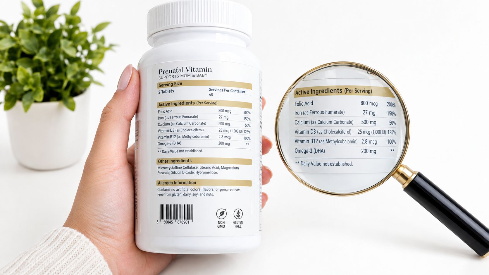 A hand holds a bottle of dairy and soy free prenatal vitamins with a magnifying glass showing ingredients.