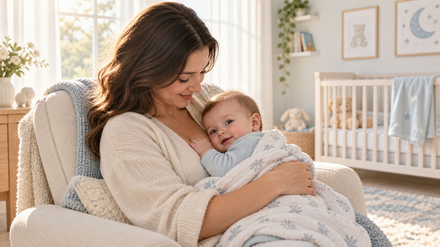 A loving mother tenderly holding her baby in a cozy nursery room during the daytime.