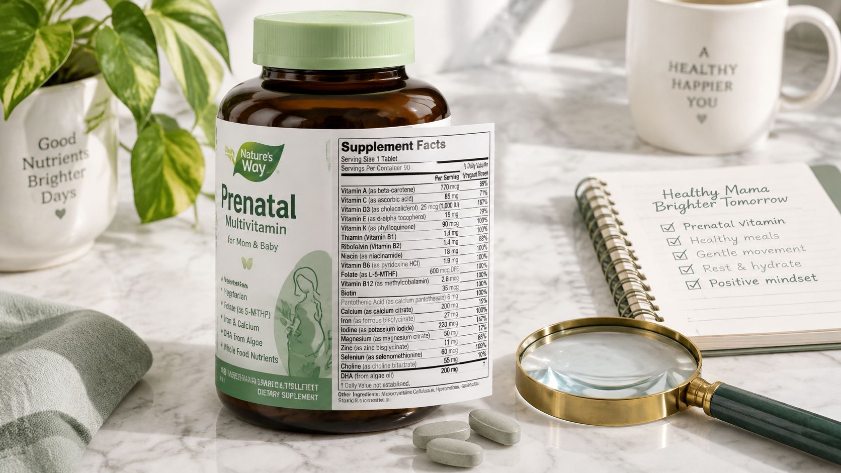 A bottle of Nature's Way Prenatal Multivitamin placed on a marble surface next to pills and a notepad.