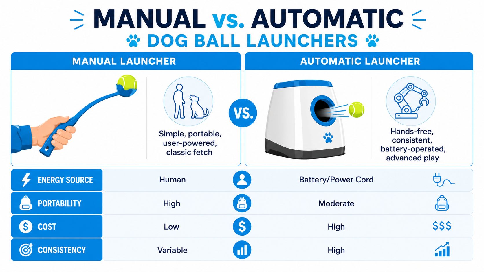 A comparison chart showing the differences between manual and automatic dog ball launchers for pet owners.