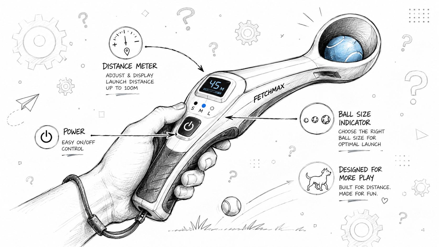 A hand-drawn sketch of a Fetchmax electronic dog ball launcher with adjustable distance and size settings.