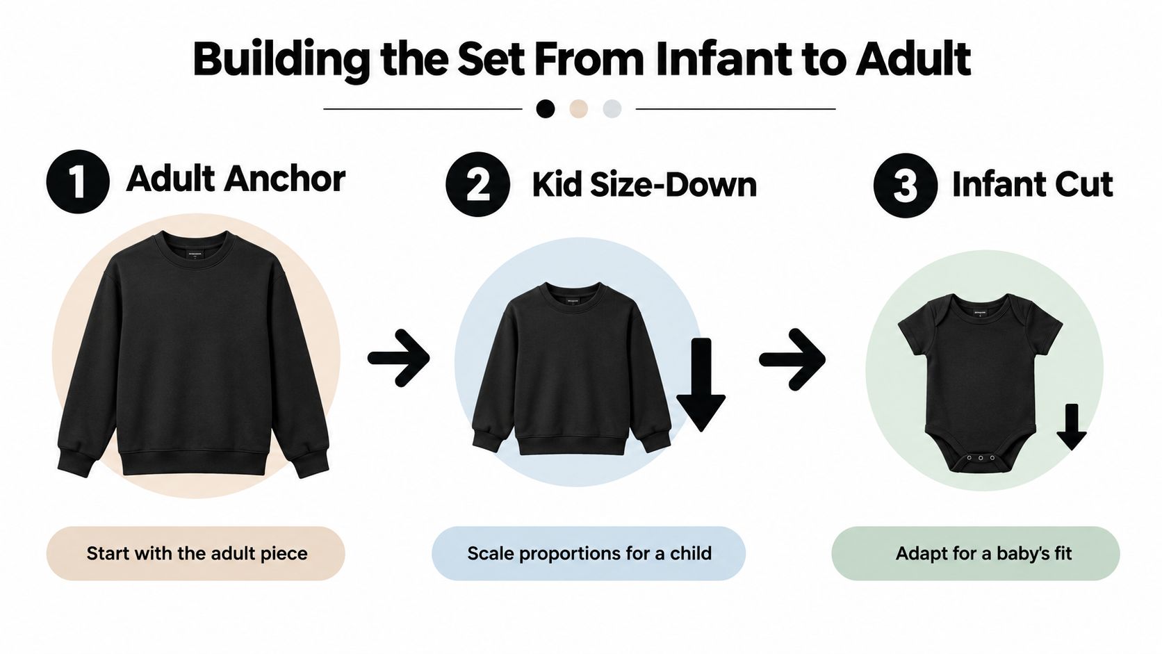 A diagram illustrating the design process for creating matching infant and adult apparel in three stages.