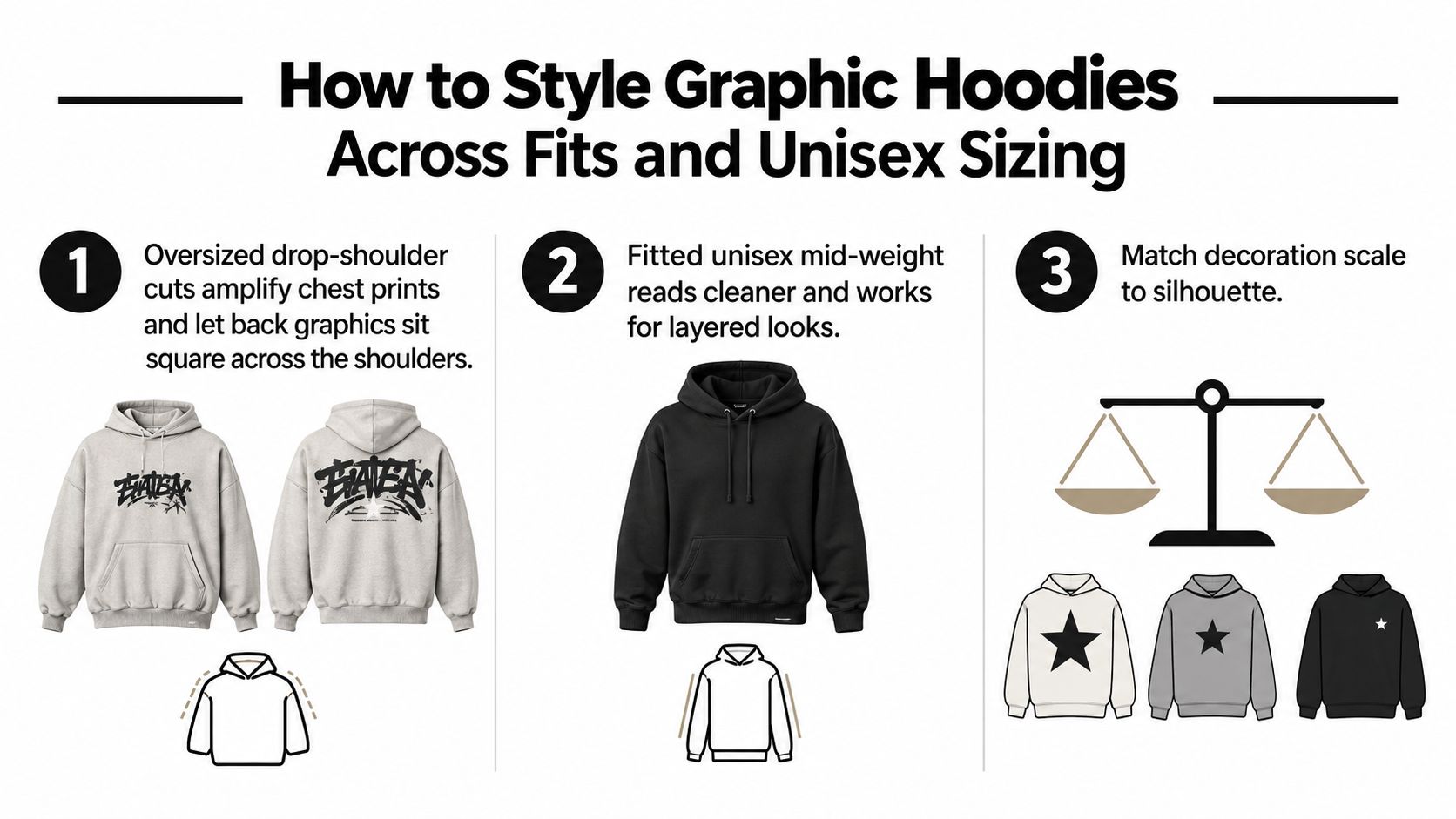An infographic showing three tips on how to style graphic hoodies with varying fits and graphic scales.