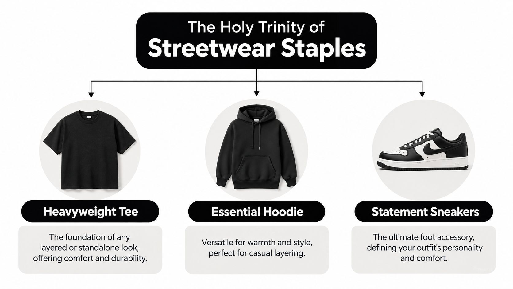 A diagram outlining the holy trinity of streetwear staples, featuring a black t-shirt, hoodie, and sneakers.