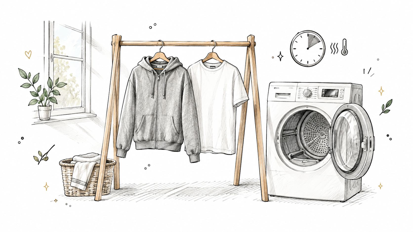 An illustration showing a grey hoodie and white t-shirt hanging on a rack beside a dryer