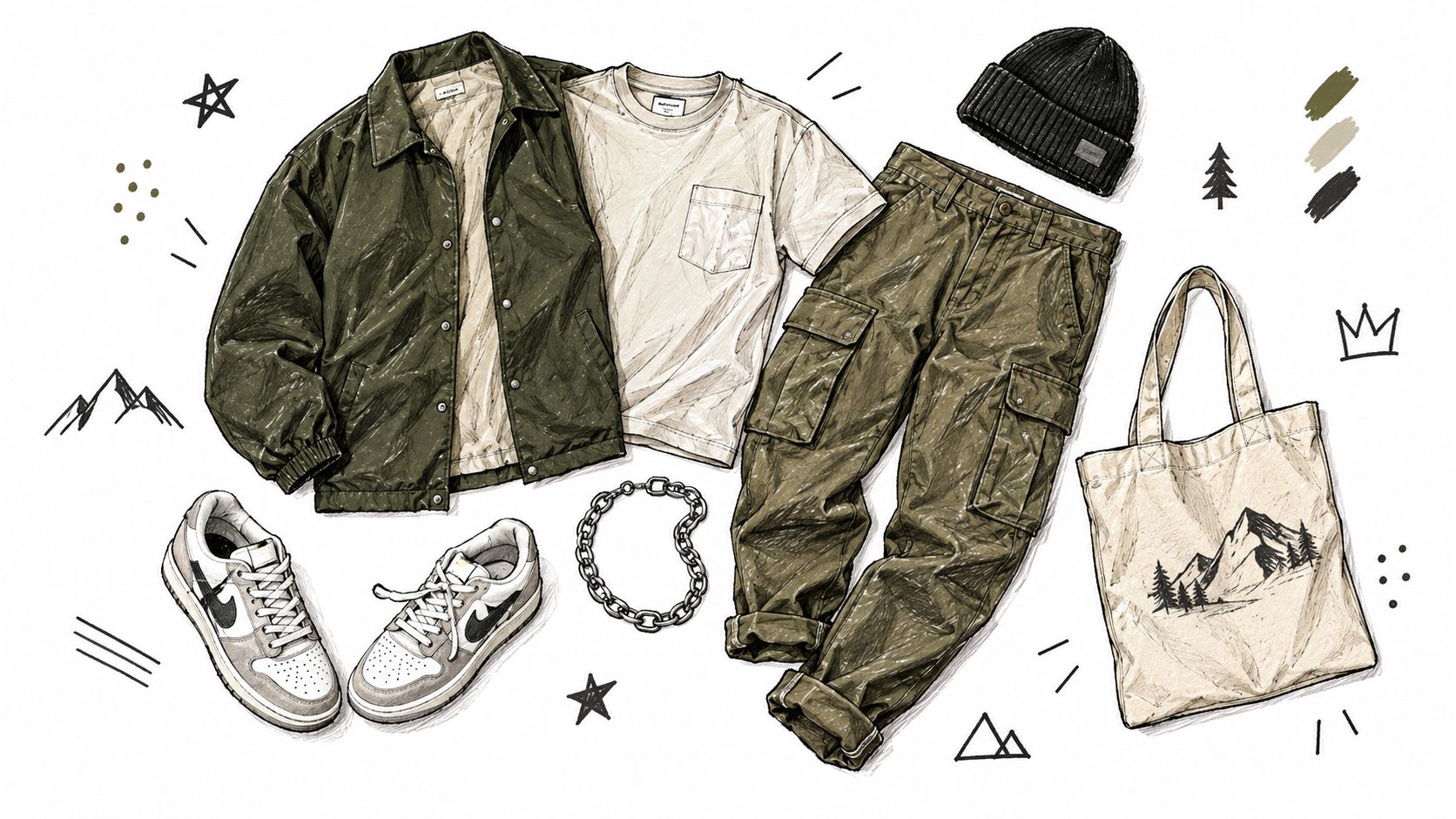 A flat lay illustration of an olive green jacket, beige pocket t-shirt, cargo pants, sneakers, and accessories.