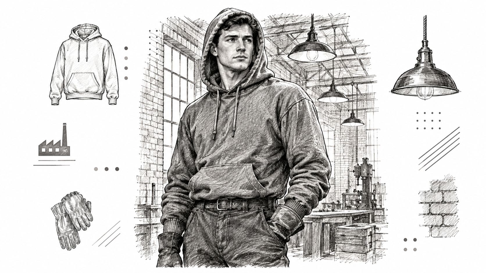 A man wearing a hoodie stands in a workshop, with industrial elements like gloves and lamps surrounding.