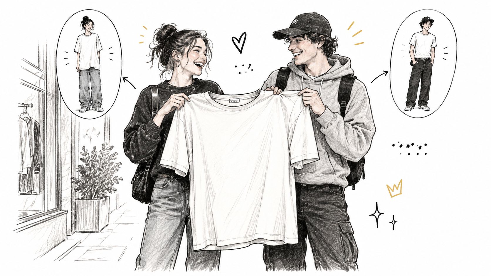A young couple holding up a plain white unisex t-shirt while shopping for casual matching apparel.
