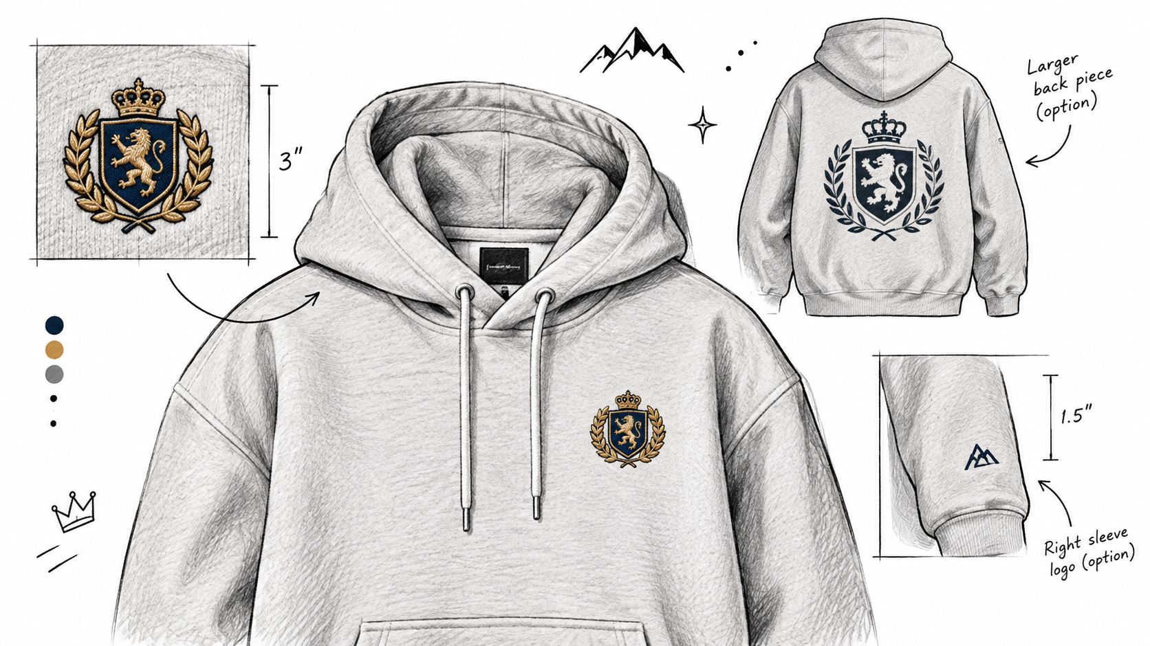 Design sketch for a grey hoodie featuring a lion crest emblem and a small mountain logo.