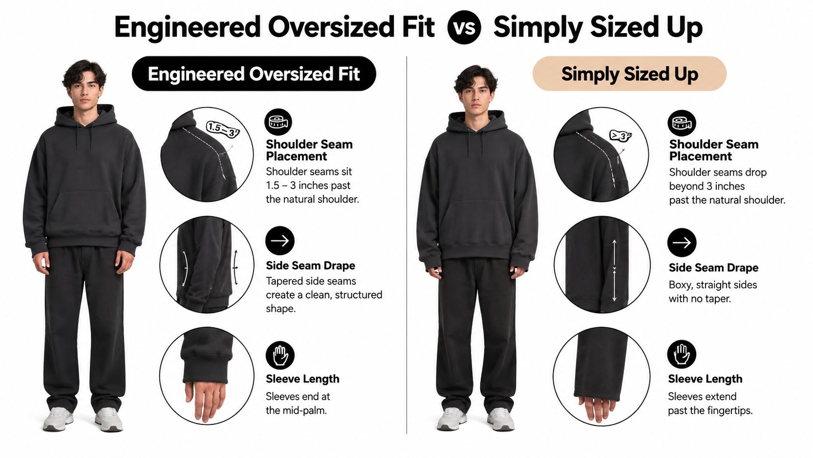 A comparison guide between an engineered oversized hoodie fit and a simply sized up hoodie fit.