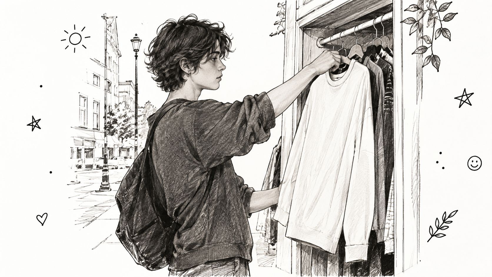 A pencil sketch of a stylish young person picking out a white long-sleeve shirt from a rack.