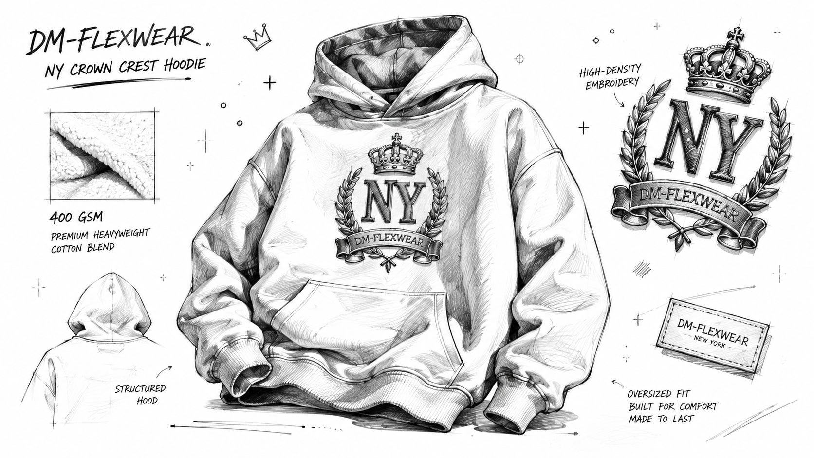 A detailed fashion design sketch of a DM-Flexwear NY crown crest premium heavyweight hoodie with product features.