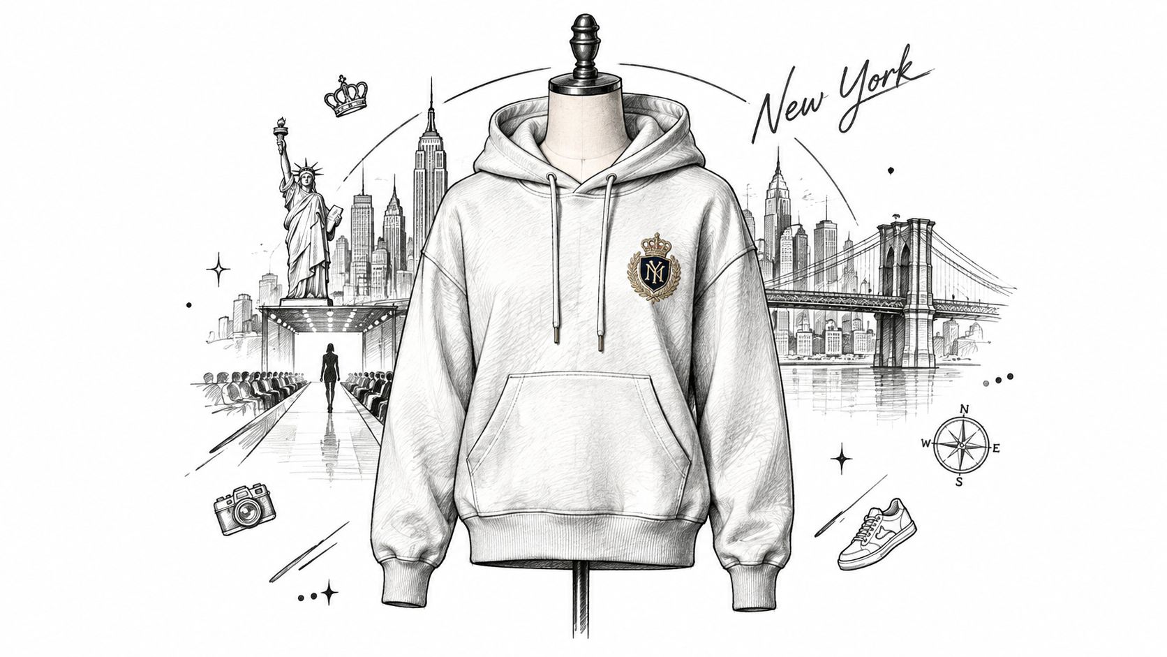 A stylish embroidered hoodie displayed on a mannequin surrounded by detailed illustrations of iconic New York City landmarks.