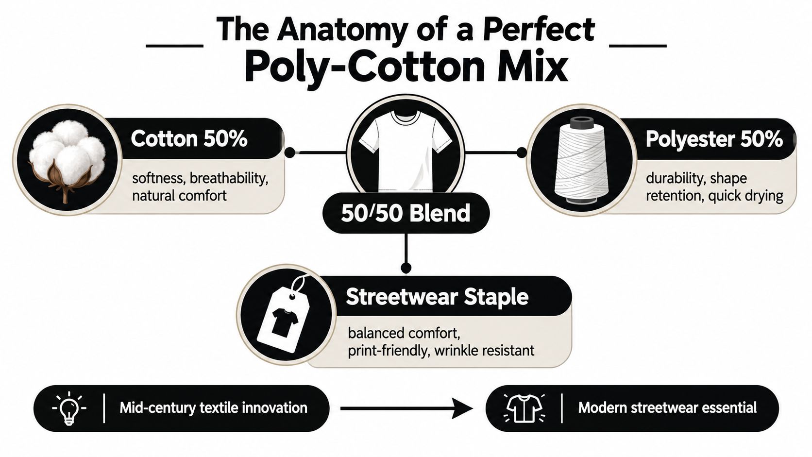 An infographic detailing the benefits of a 50/50 cotton-polyester blend fabric for modern t-shirts.
