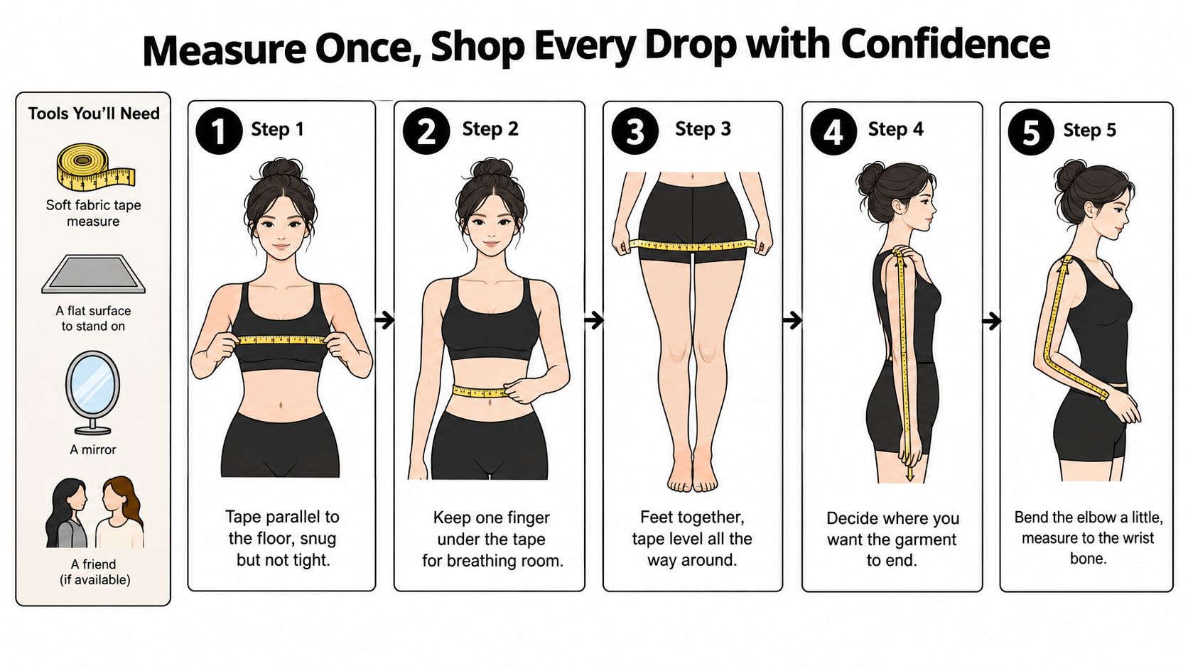 A step-by-step instructional infographic showing how to take body measurements for accurate apparel sizing.