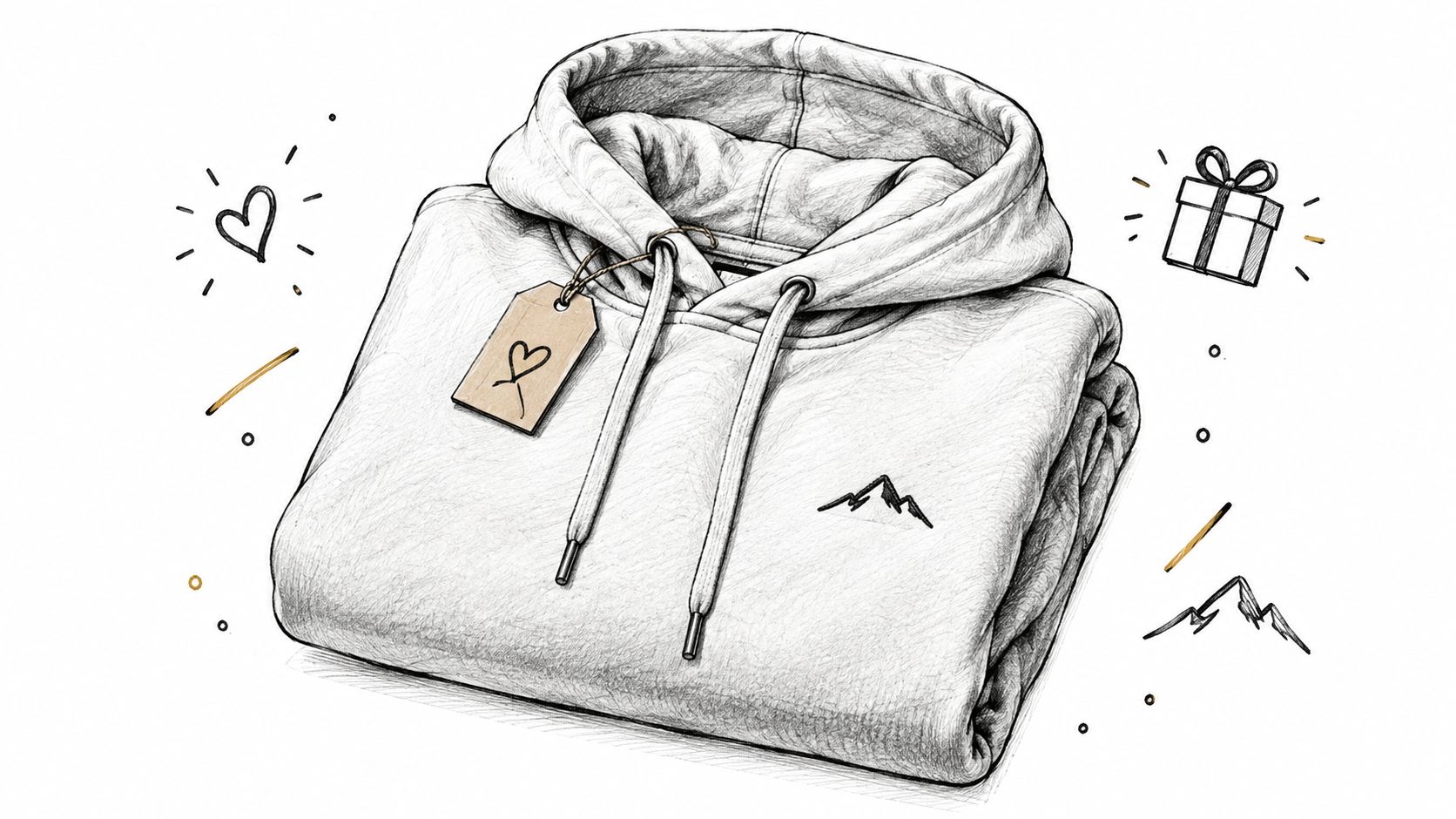 A pencil sketch of a folded grey hoodie with a mountain logo and a heart tag.
