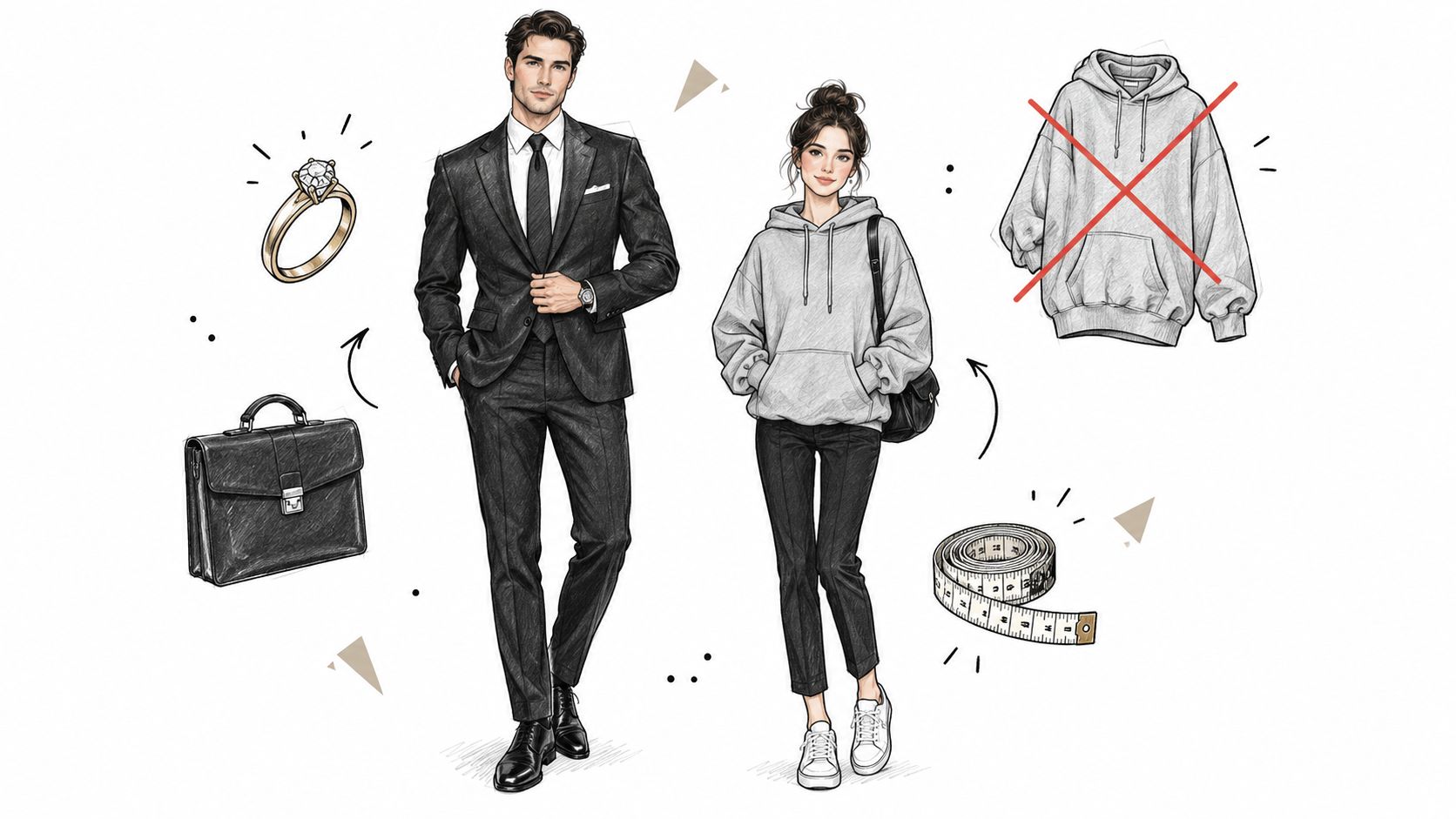 A digital illustration showing a man in a formal suit and a woman wearing an oversized hoodie.