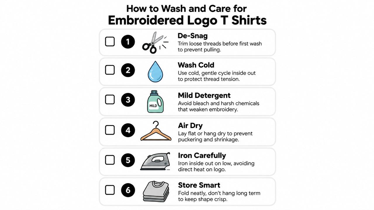A helpful infographic showing six easy steps for washing and caring for embroidered logo T-shirts.