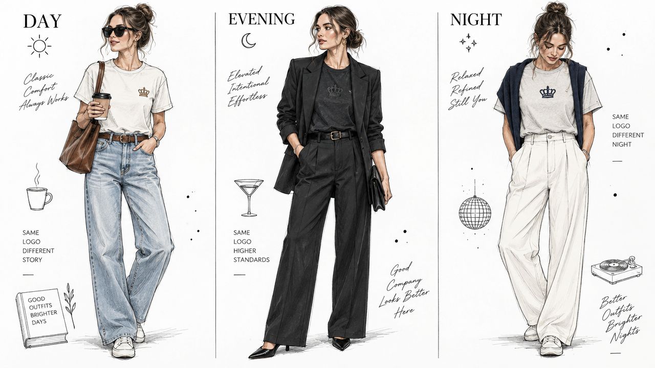 A fashion illustration showcasing three different outfit styling ideas for a versatile embroidered logo t-shirt.