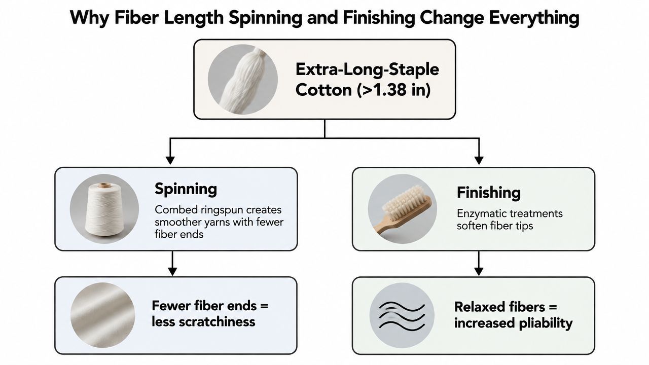 A diagram explaining how extra-long-staple cotton, spinning, and finishing processes create softer, higher-quality fabric for clothing.