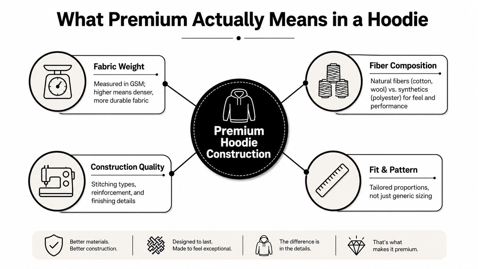 An infographic titled What Premium Actually Means in a Hoodie, explaining key factors like fabric weight, fiber composition, construction quality, and fit.