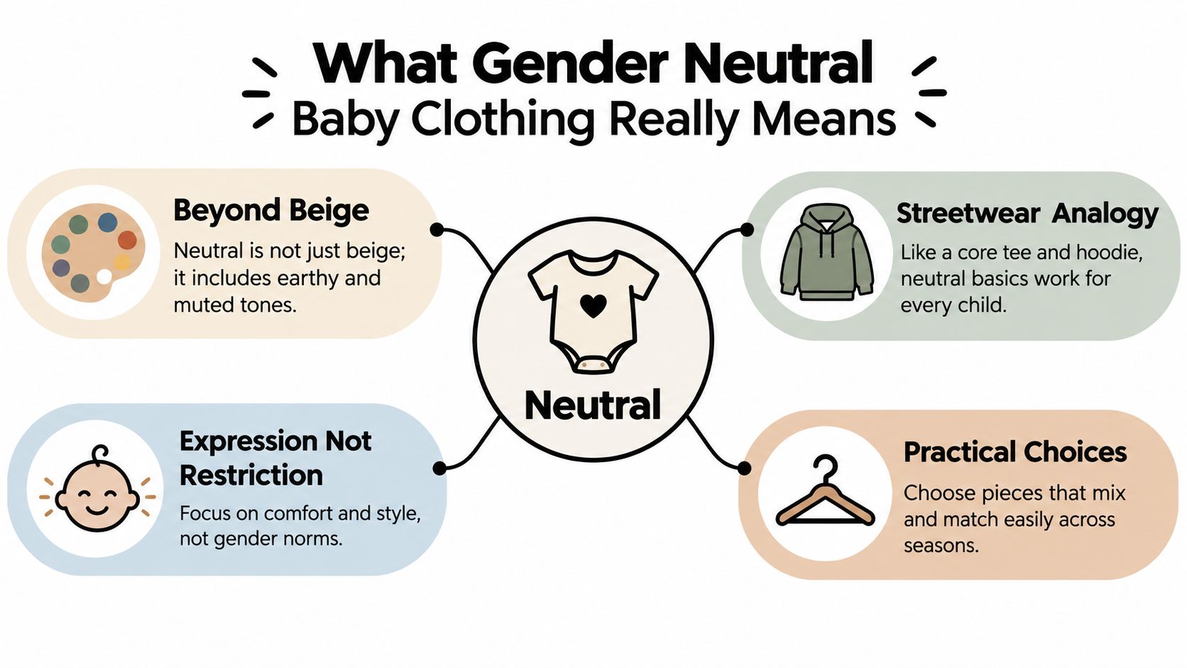 An infographic explaining gender neutral baby clothing concepts through earthy tones, streetwear styles, comfort, and practical mixing.