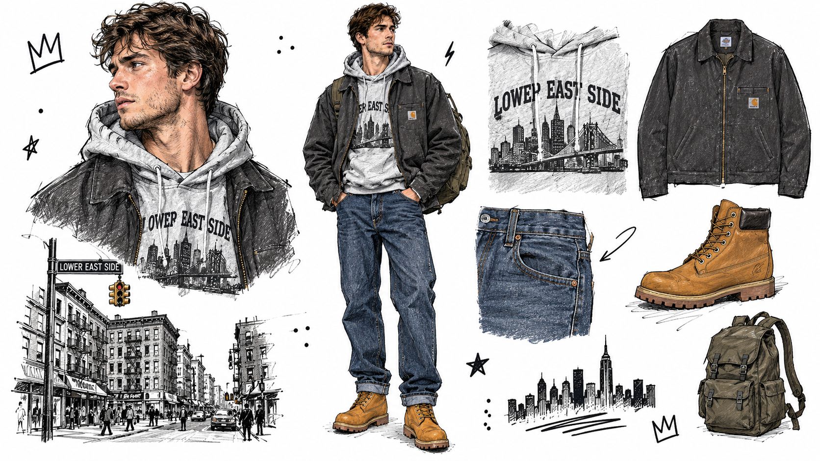 A digital illustration featuring a stylish man wearing a graphic hoodie, denim jeans, and work boots.