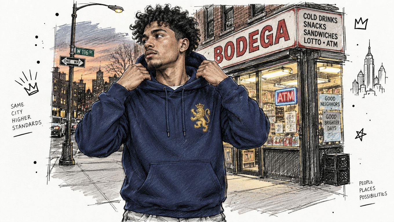 A stylish man with curly hair wearing a dark blue hoodie with a gold lion crest outdoors.