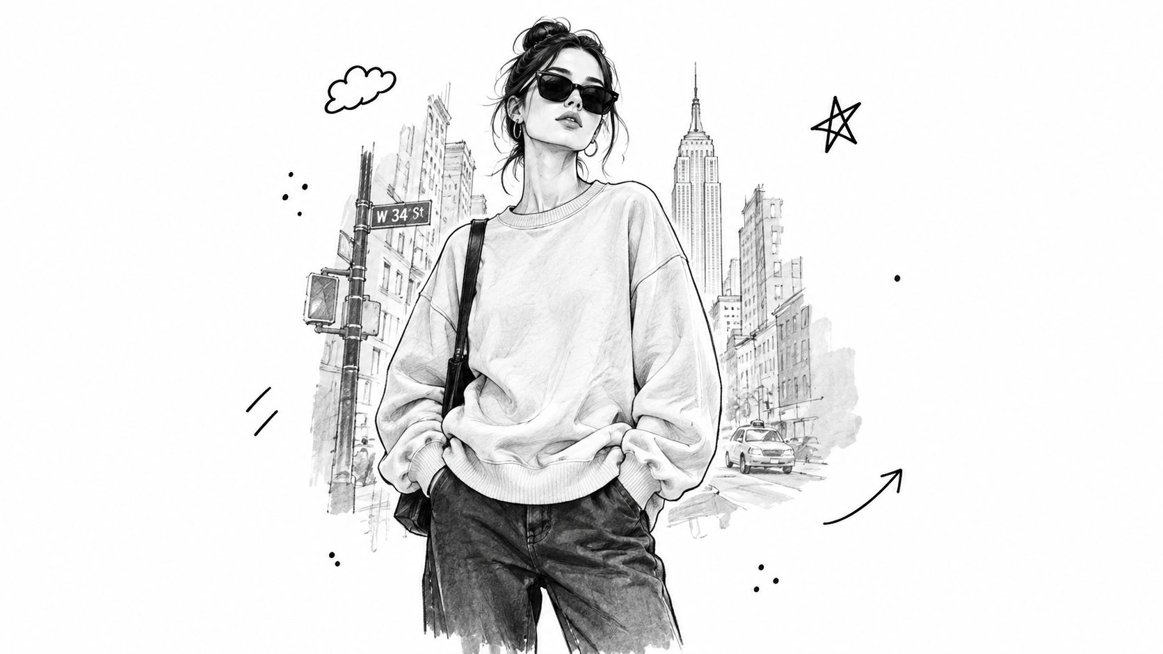 A stylish woman in an oversized crewneck sweatshirt standing in front of a New York City cityscape.