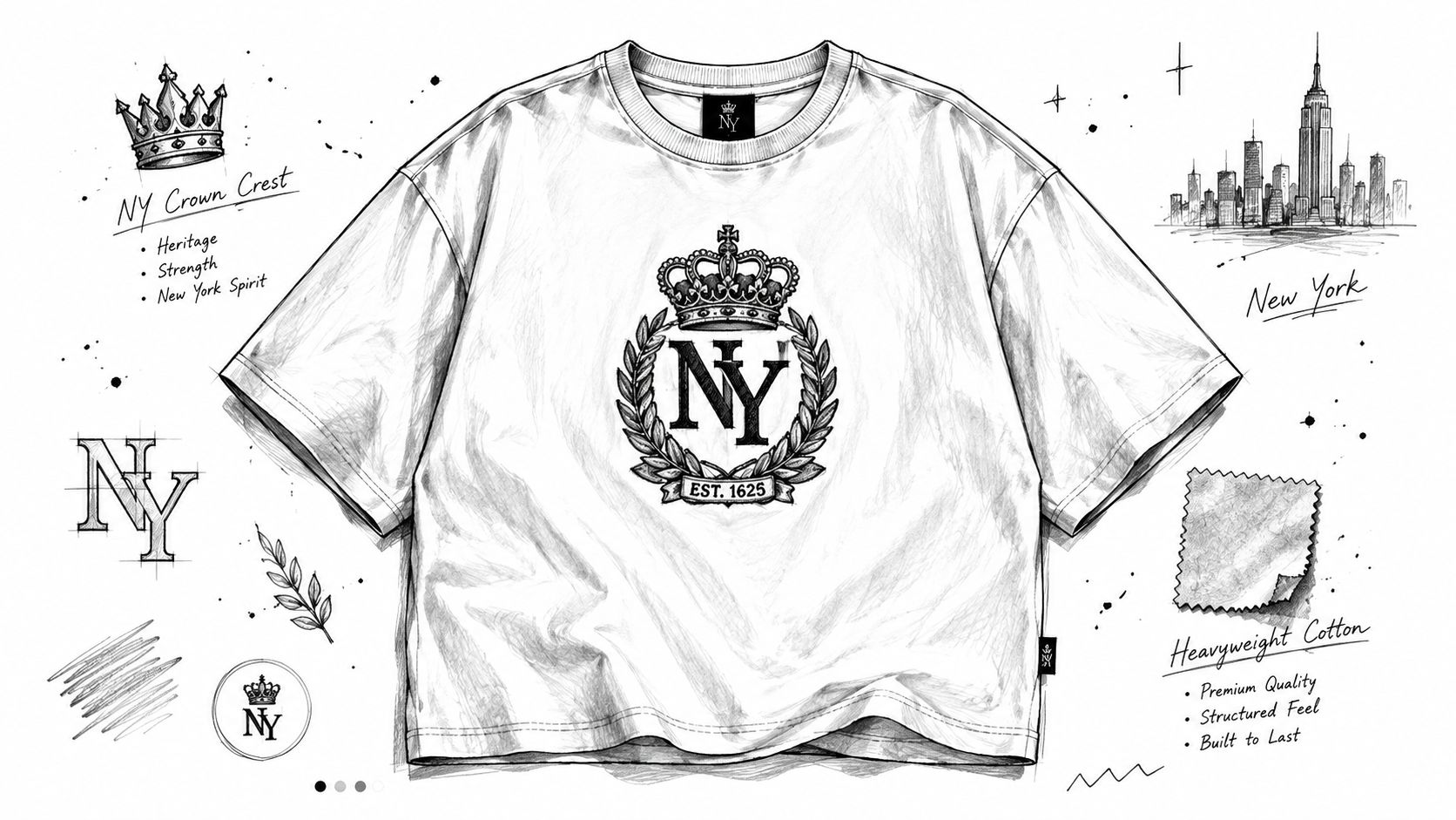 A detailed fashion sketch of a white heavyweight t-shirt featuring a New York crown crest design.