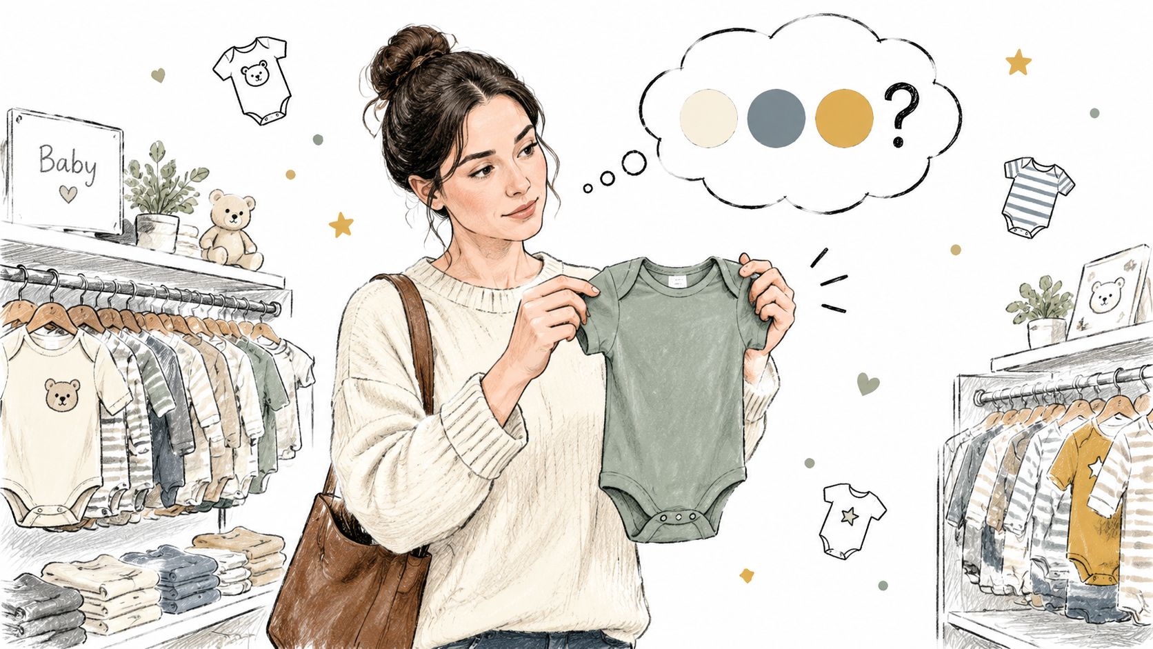 A woman shopping for gender-neutral baby clothes while holding a soft green onesie in a boutique store.