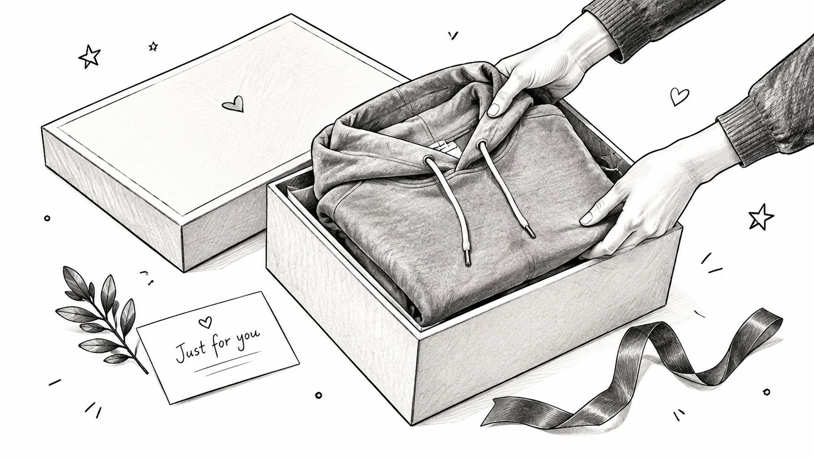 A pencil-style drawing of hands placing a neatly folded grey hoodie into a gift box.