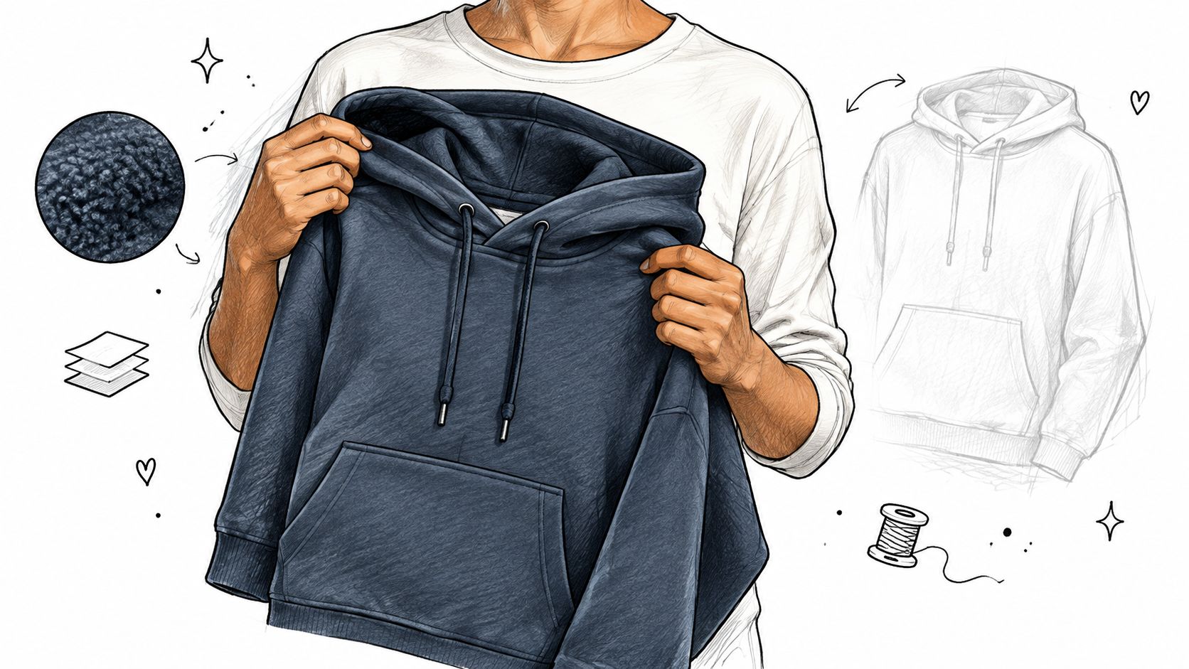 A person holding a dark blue hoodie, with a sketch design and fabric texture detail displayed.