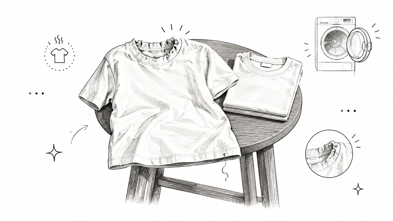 A pencil sketch of a wrinkled t-shirt, a washing machine, and a close-up of a gathered neckline.