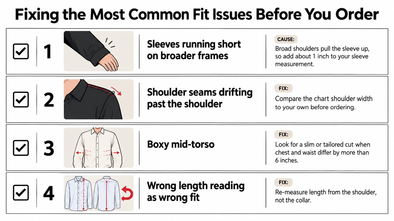 An infographic illustrating four common clothing fit issues and simple solutions for better apparel ordering measurements.