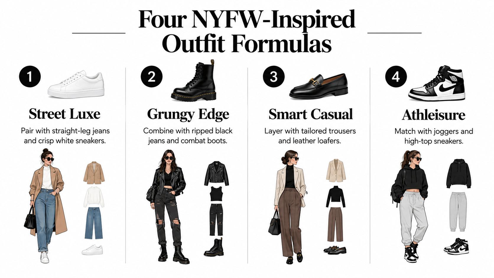 A fashion infographic displaying four different outfit formulas with trendy clothing items and shoes.