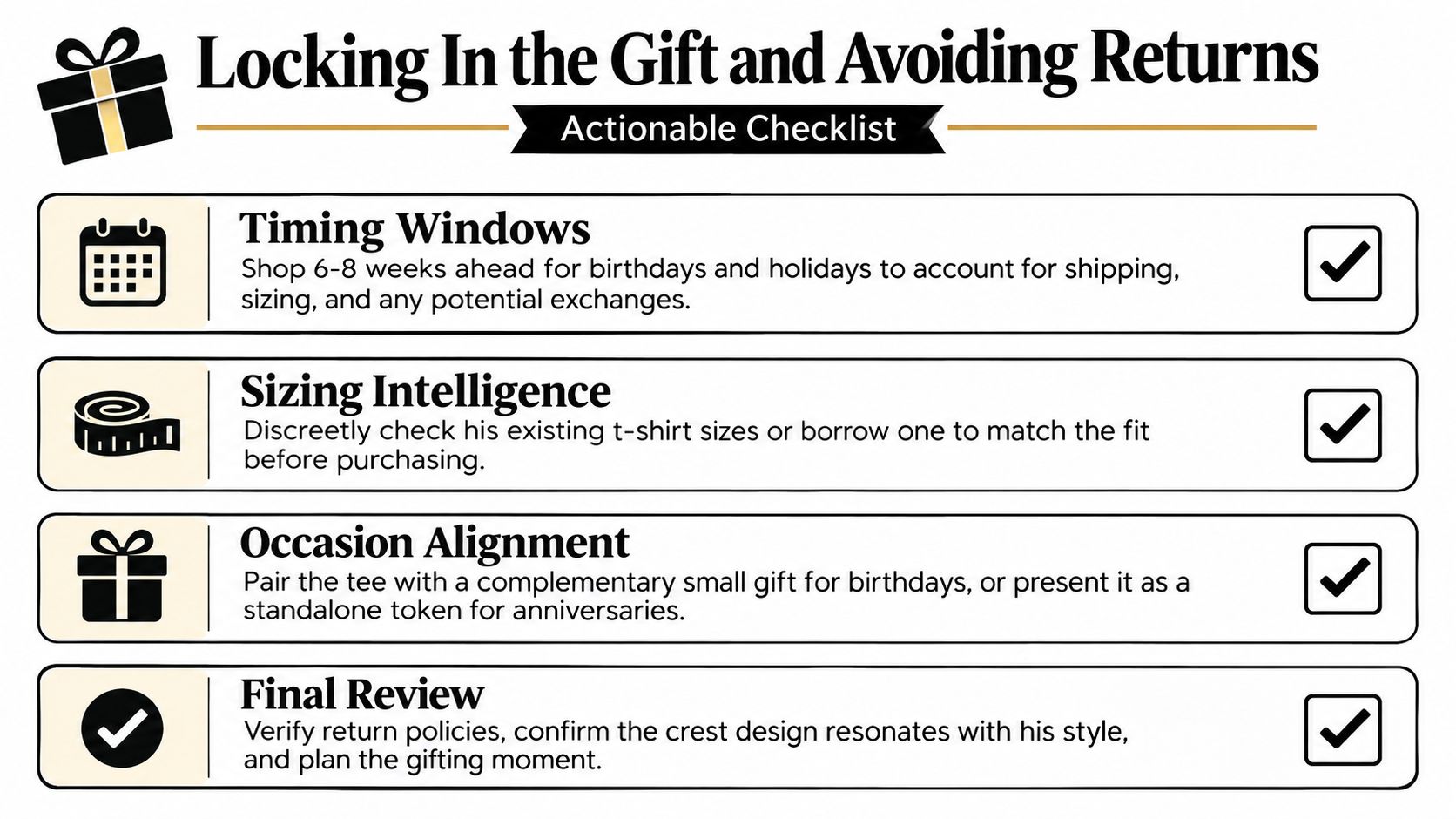 An actionable checklist infographic titled Locking In the Gift and Avoiding Returns for purchasing men's t-shirts.