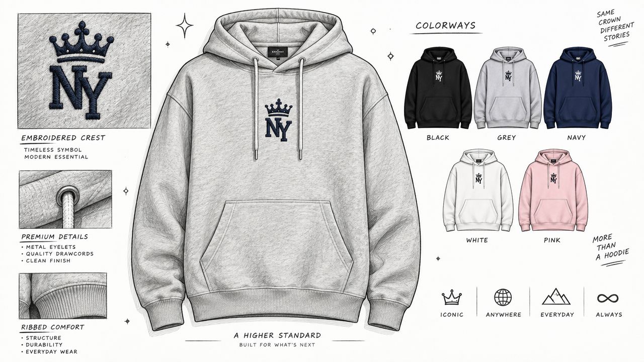 A digital design sketch of a grey hooded sweatshirt with an embroidered NY crown logo and color options.